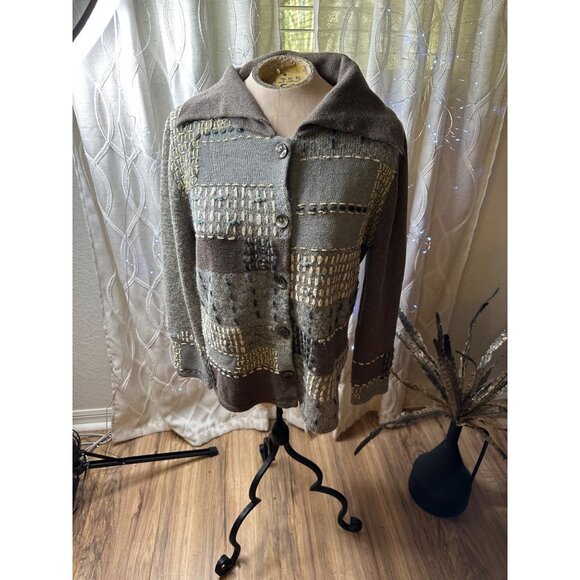J Jill Patchwork Wool Blend Cardigan Sweater Chunky Mixed Knit Heather Pewter M - Picture 1 of 16